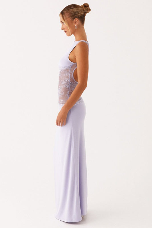 Backless Lace Sheer Mesh Satin Dress