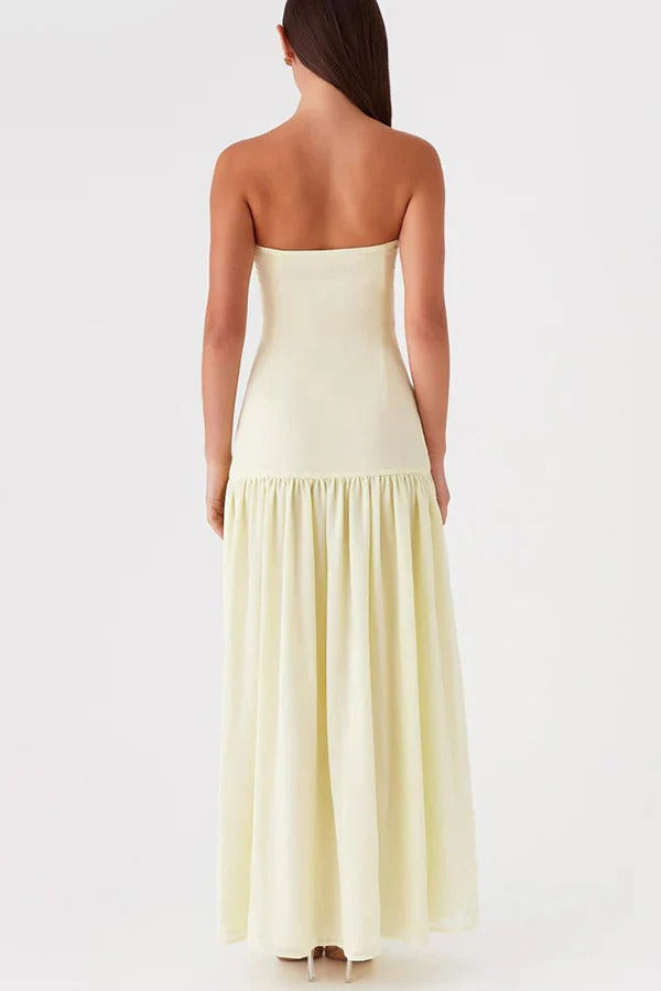 Strapless Drop Waist Gathered Skirt High Split Maxi Dress 19