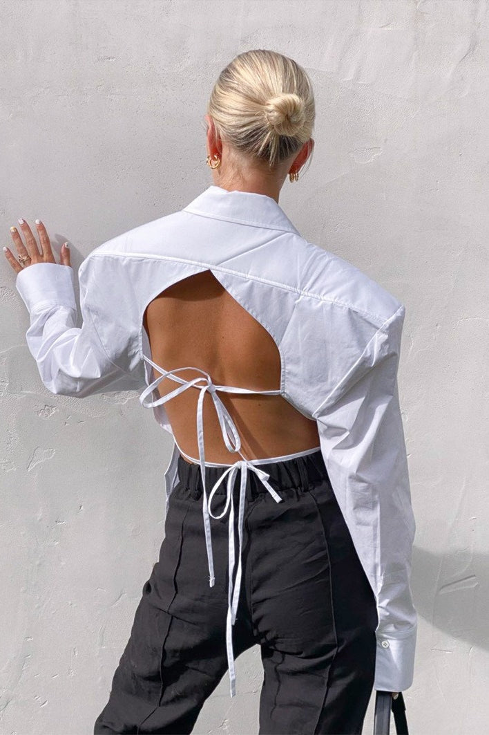 Collared Padded Shoulder Gathered Waist Button Front Pocket Shirt 3