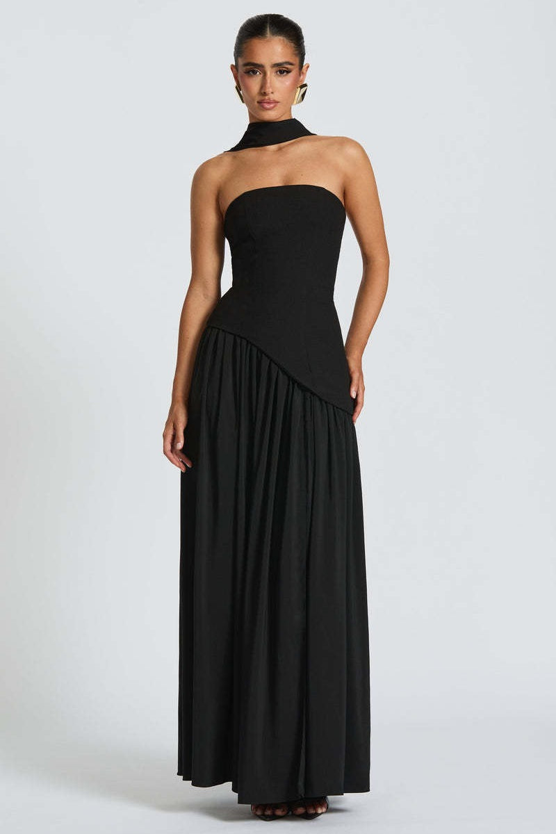 Strapless Scarf Neck High Split Draped Maxi Gown