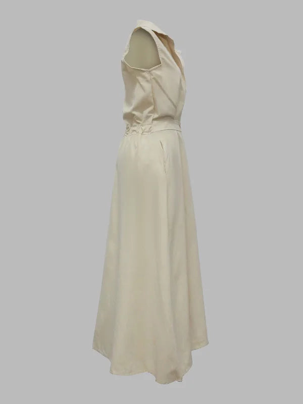 Stand Collar Deep V-Neck Sleeveless Pocket A-Line Midi Dress
