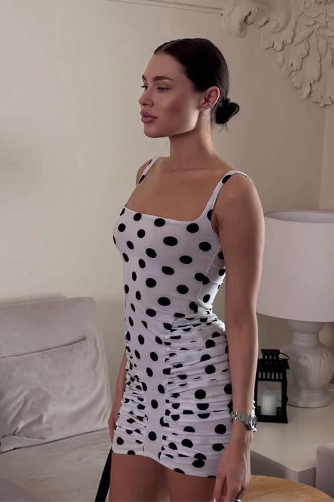 Vintage Polka Dot Ruched Bodycon Mini Dress