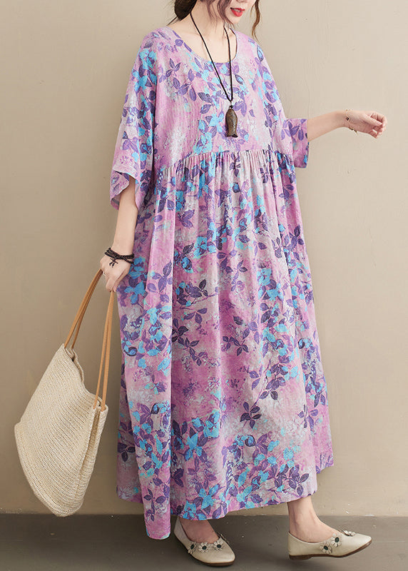 Botanical Print Round Neck Drop Shoulder Short Sleeve Empire Waist Smock Maxi Dress