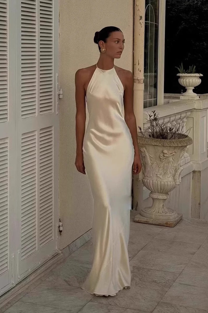 Satin Halter Neck Backless Bias Cut Slip Maxi Dress