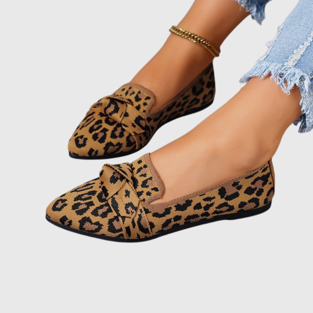 Leopard Print Pointed Toe Bow Flat Loafers