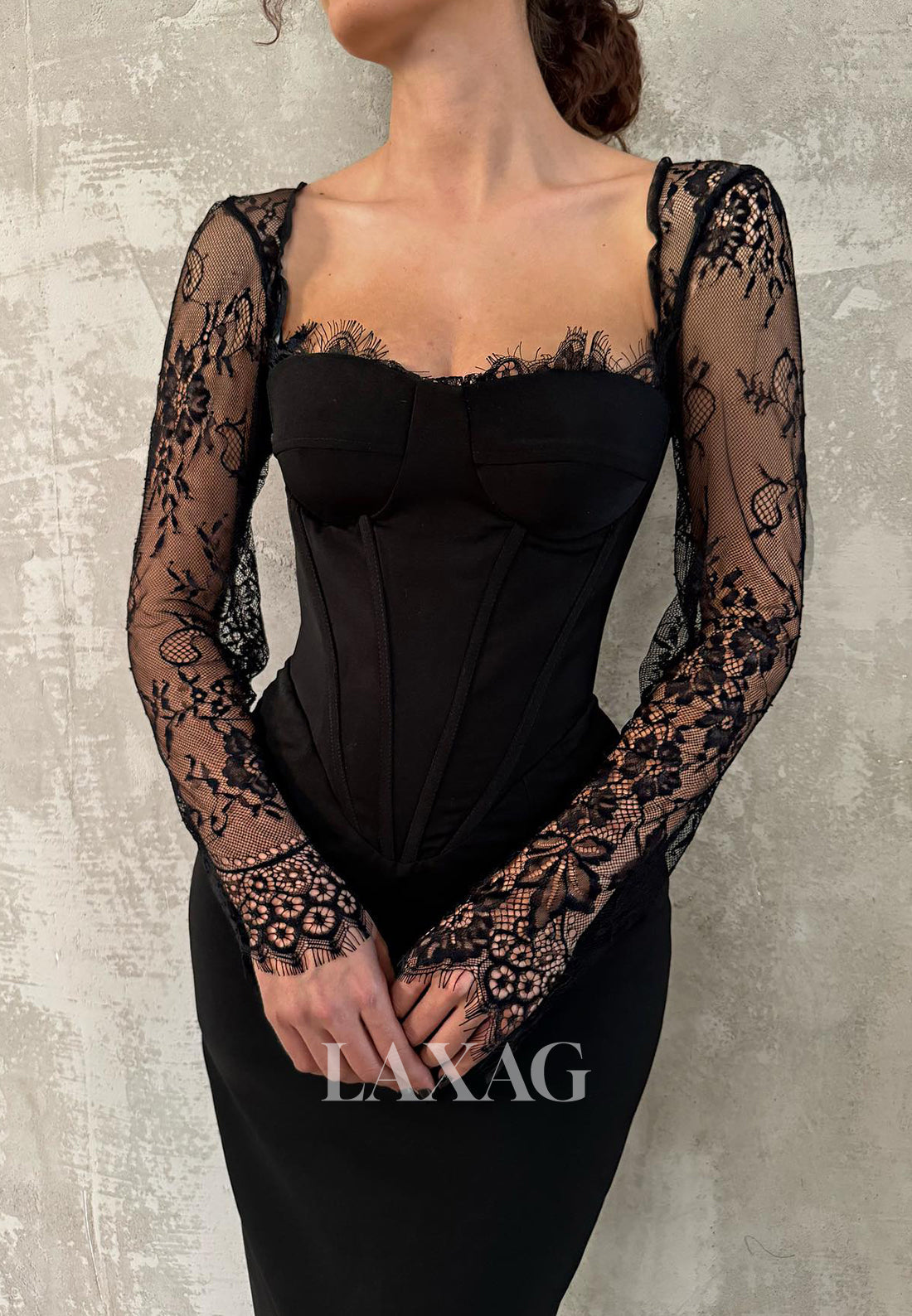 Sweetheart Lace-Long-Sleeves Mermaid Prom Dress Pleated Sheer Floor-Length Satin Party Gowns