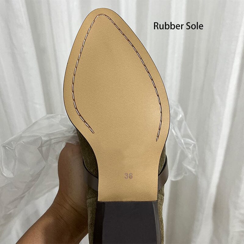 Womens Western Suede Knee High Boots Block Heel - Khaki/Black Cowgirl Boots All Genuine Leather