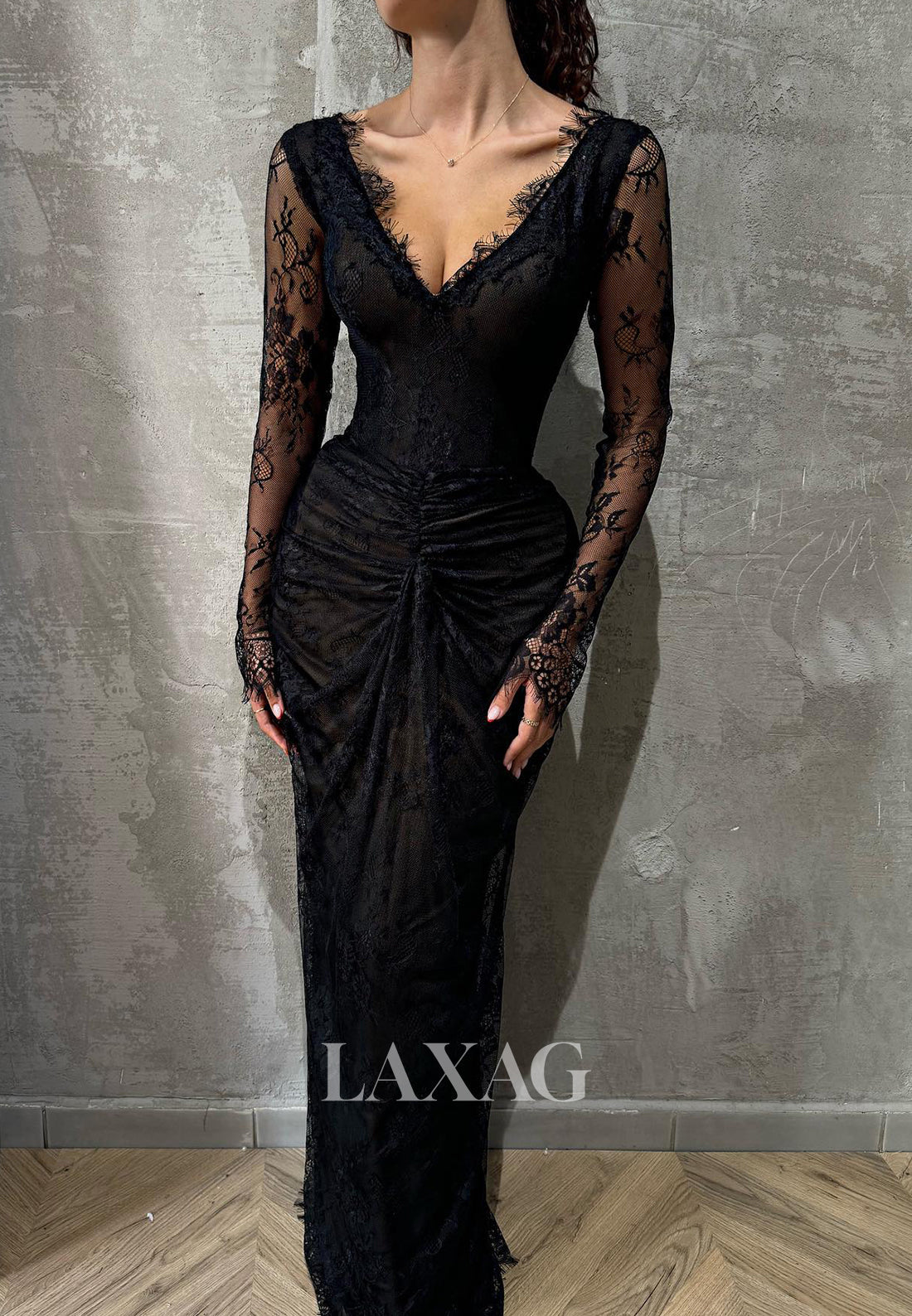 Deep V-Neck Sheer-Long-Sleeves Pleated Party Gowns Allover Lace Floor-Length Mermaid Prom Dress