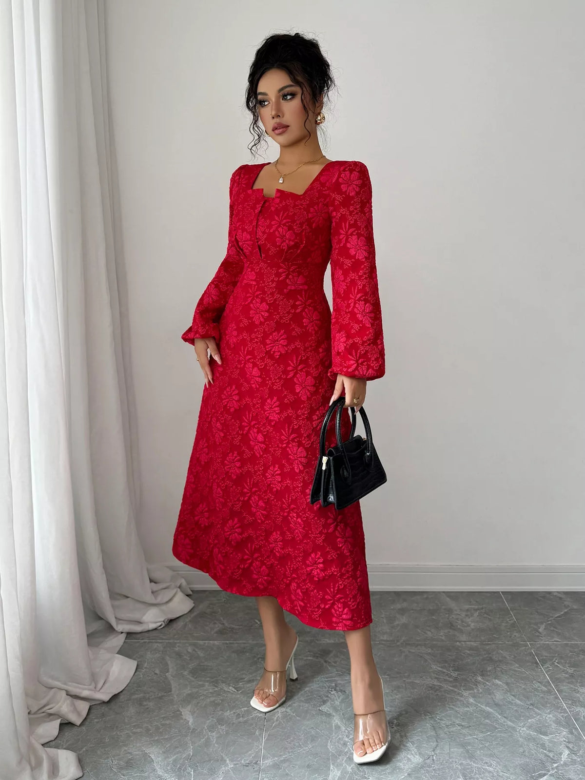 Floral Jacquard Square Neck Balloon Sleeve A-Line Midi Dress 5