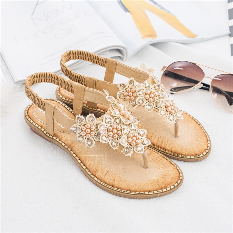 New Fashion Bead Flower Round Toe Flip-Flop Sandals