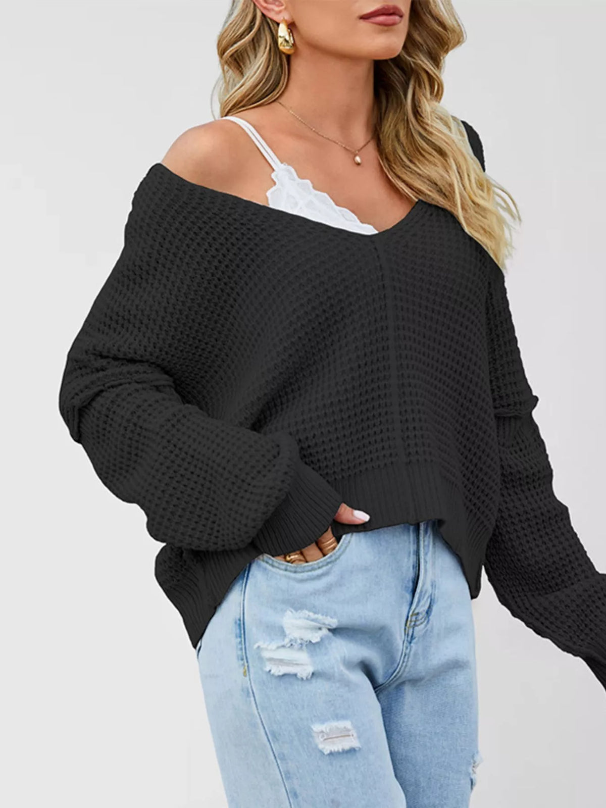 V-Neck Waffle Knit Drop Shoulder Exposed Seam Long Sleeve Sweater 7