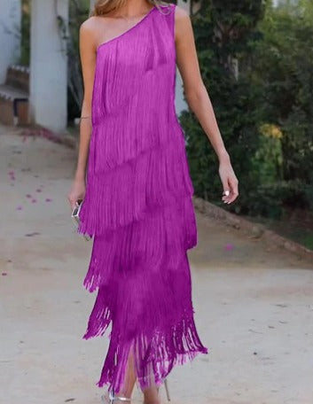 One Shoulder Tiered Fringe Column Midi Dress