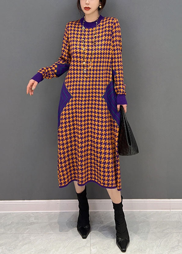 Houndstooth Mock Neck Long Sleeve Side Panel Knit Midi Dress