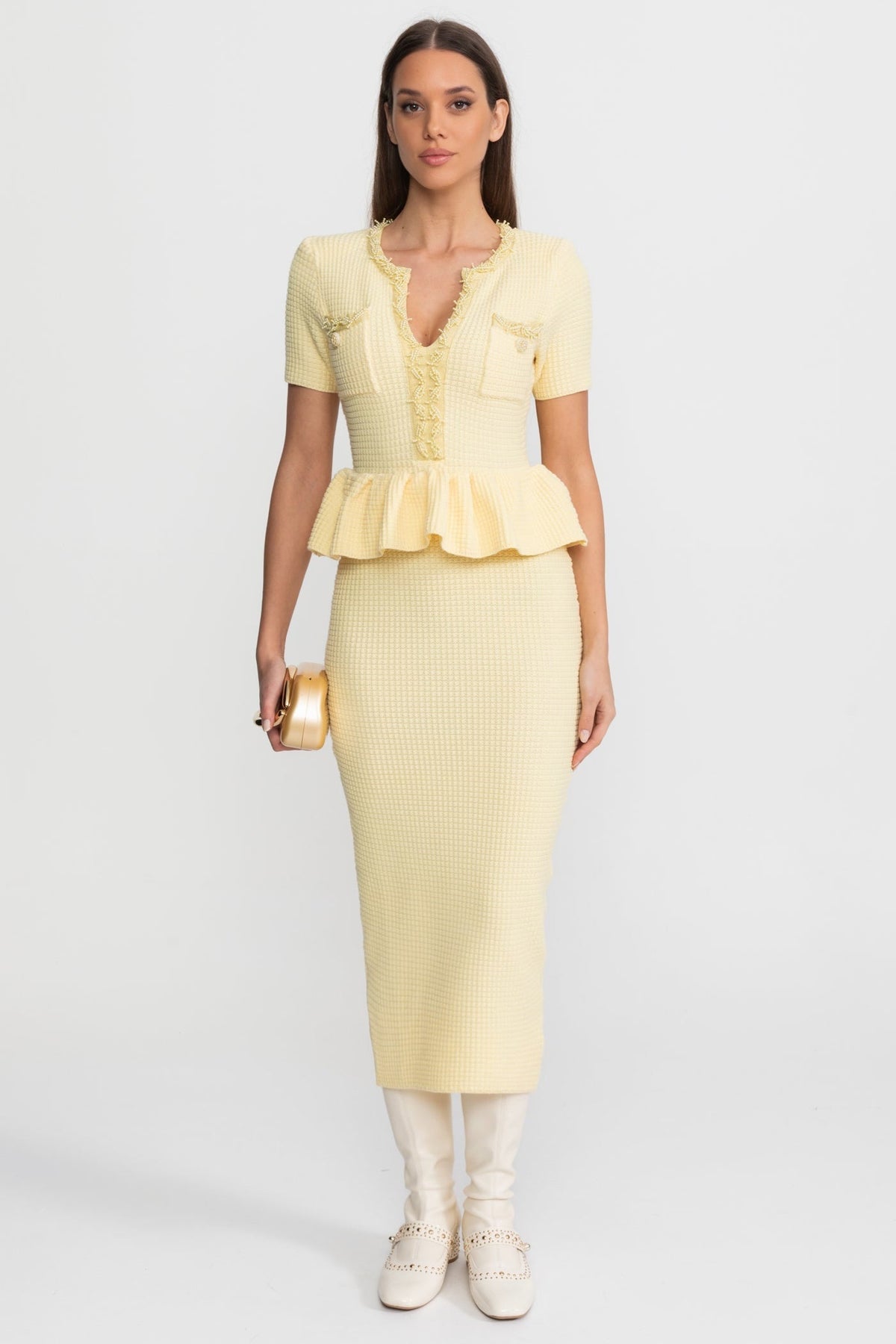 Textured Knit Short Sleeve Embellished Trim Peplum Waist Bodycon Midi Dress 10