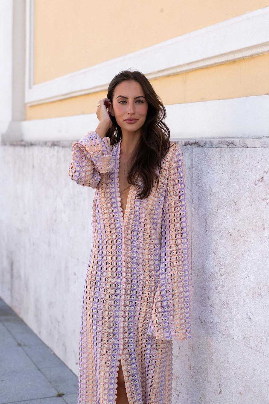Crochet Deep V-Neck Long Sleeve Striped Boho Maxi Dress