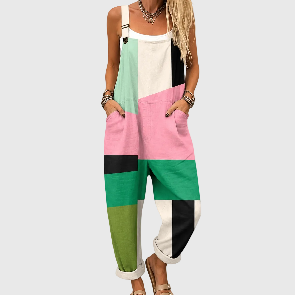 Color Block Wide Leg Pocket Overall Jumpsuit