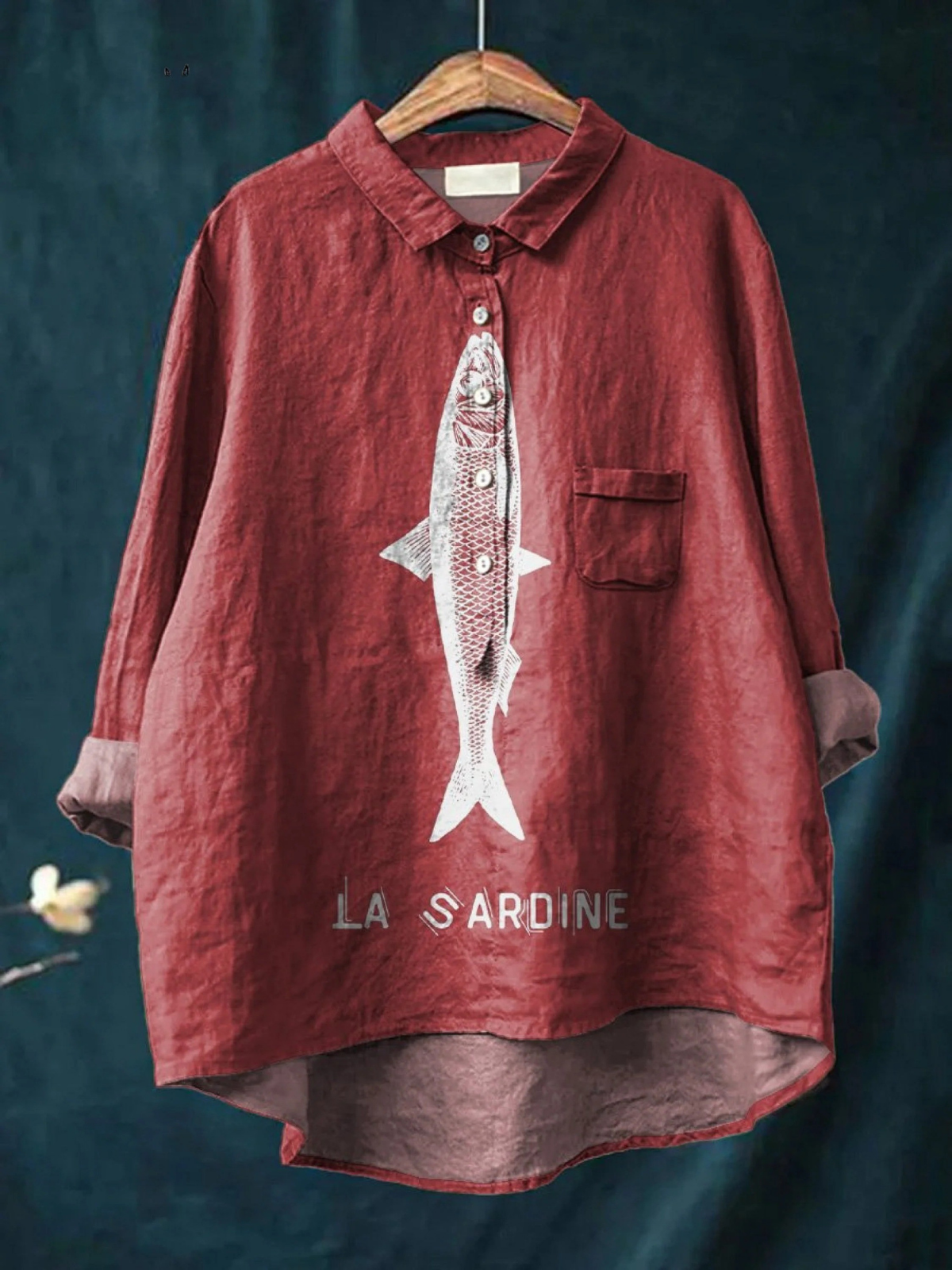 Sardine Fish Print Long Sleeve Button Front Shirt