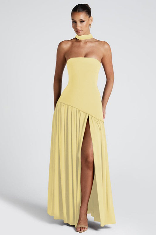 Strapless Bandeau Diagonal Seam Pleated Tier Maxi Gown