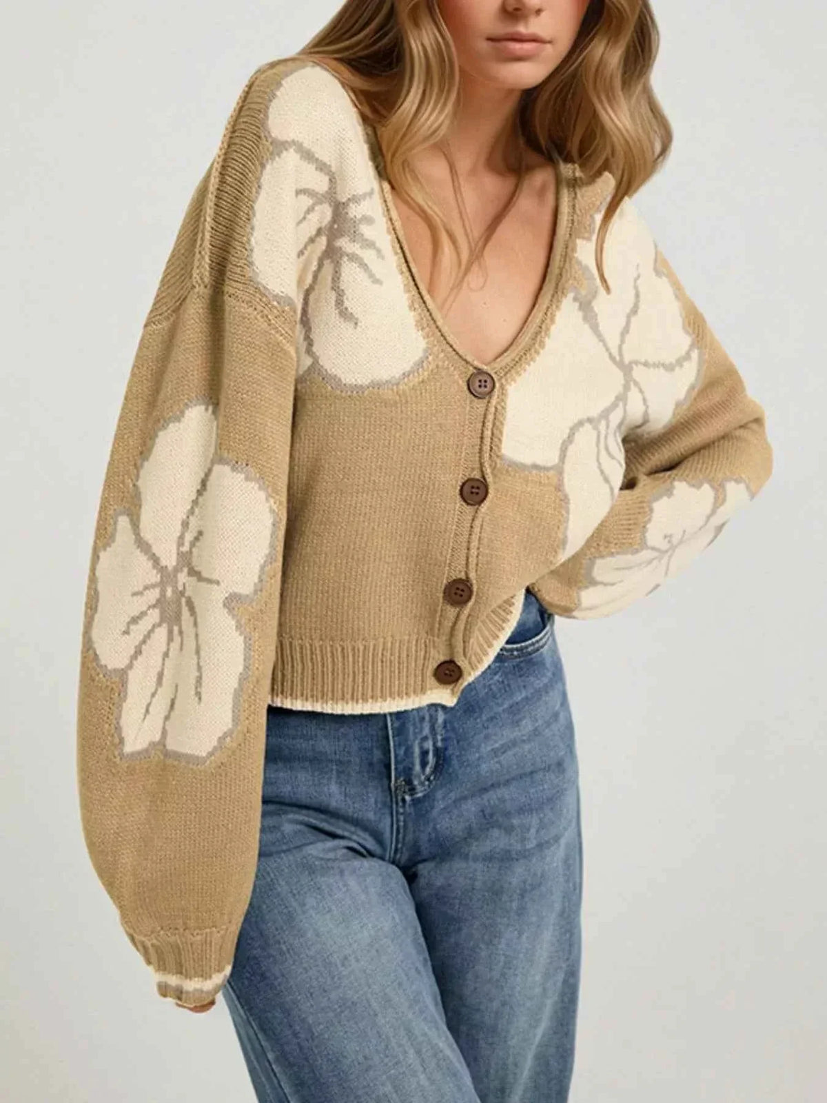 Floral Pattern V-Neck Button Front Drop Shoulder Cropped Knit Cardigan 2
