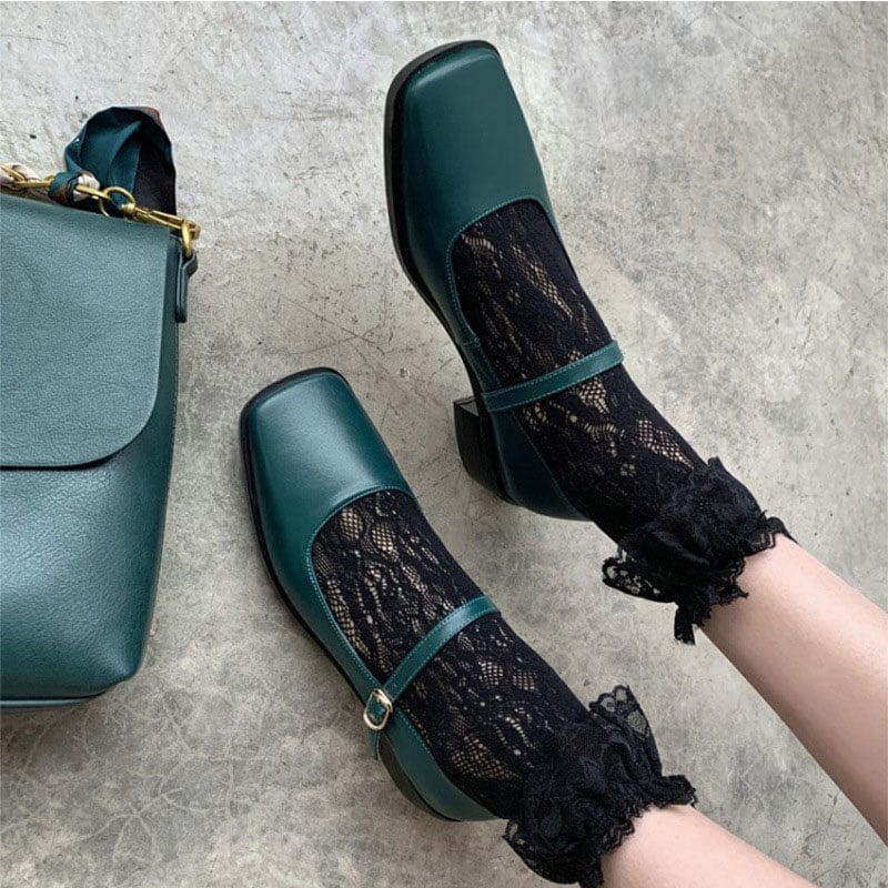 Penda Square Toe Block Heels Mary Jane Shoes