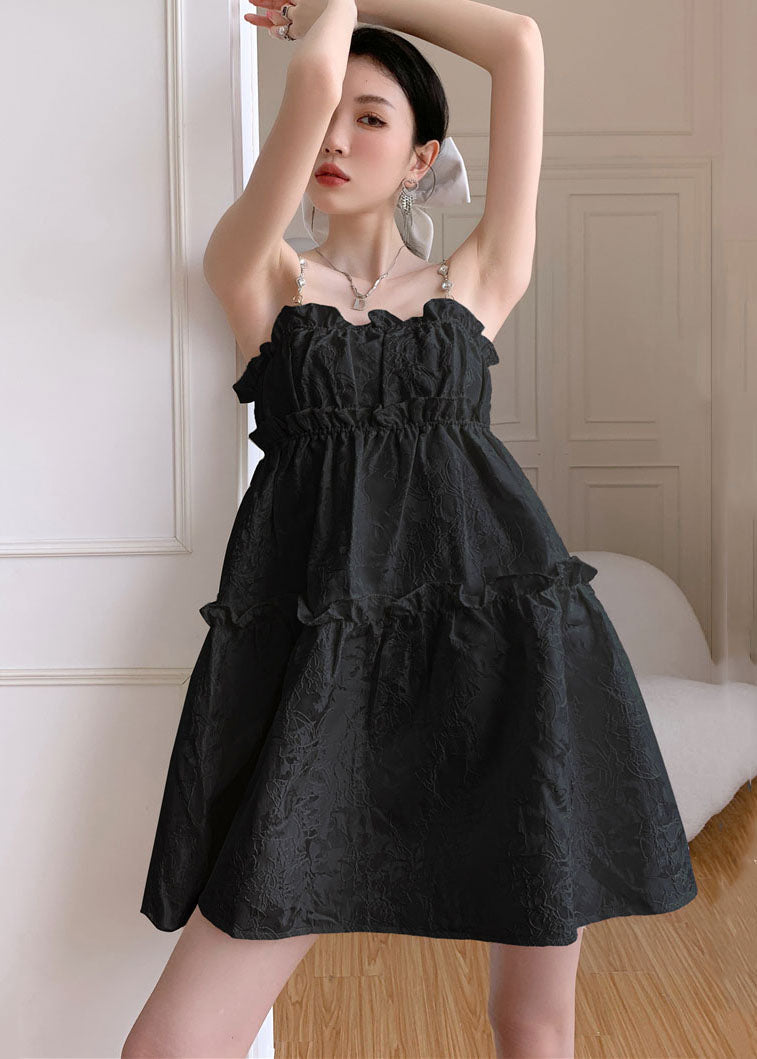 Jacquard Spaghetti Strap Pearl Rhinestone Ruffle Neck Tiered Mini Dress