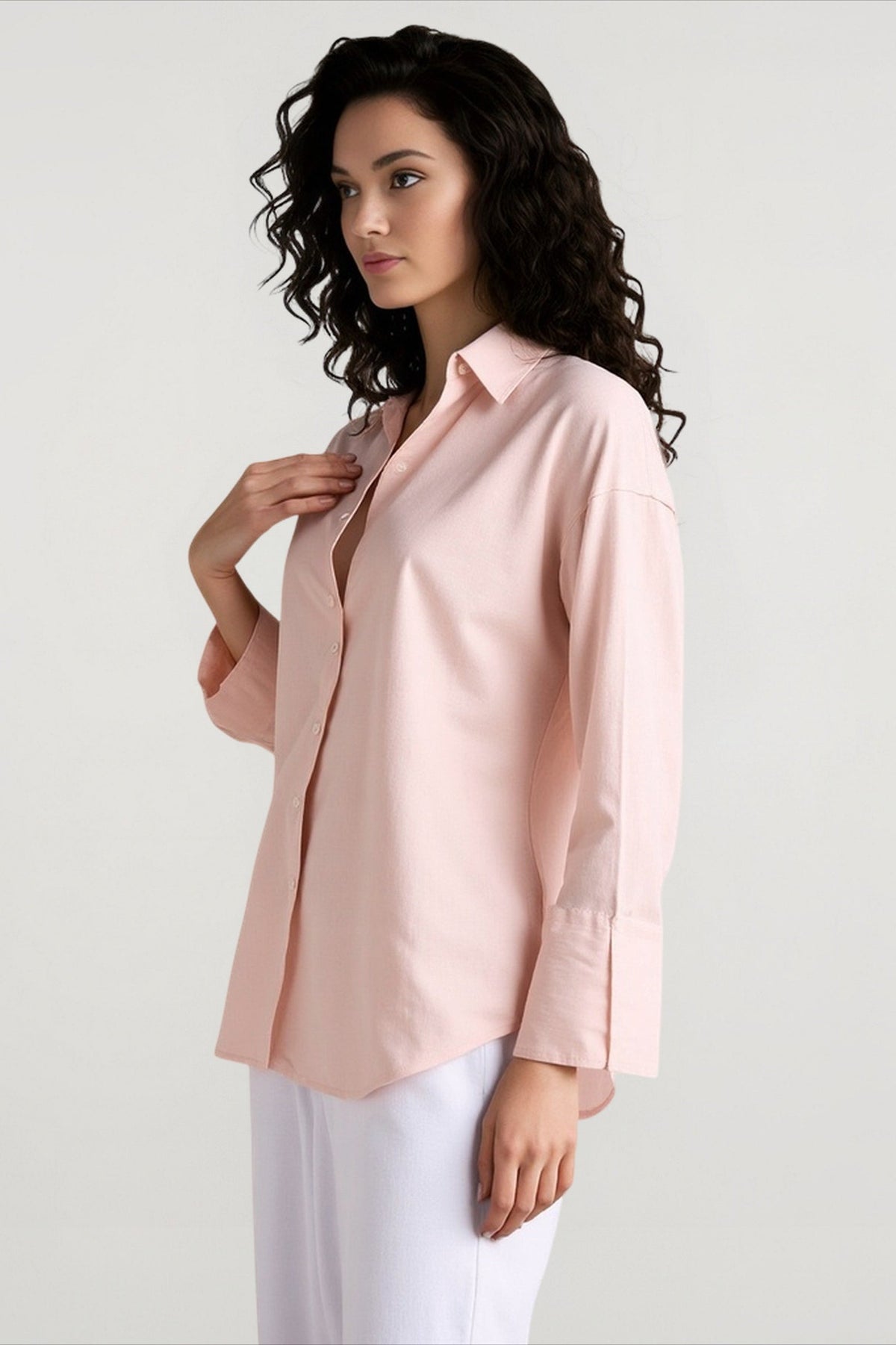 Collared Long Sleeve Wide Cuff Oversized Linen Look Button Down Shirt 4