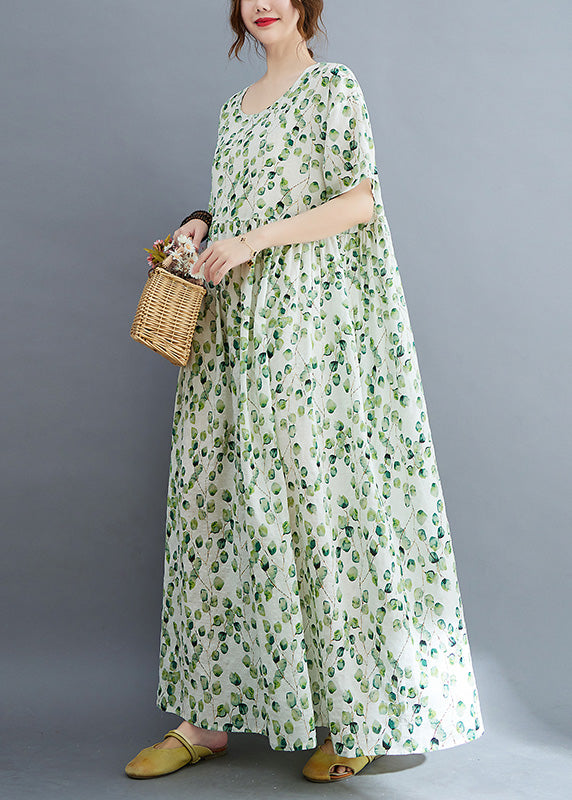 Leaf Print Round Neck Short Sleeve Empire Waist Oversized Maxi Dress
