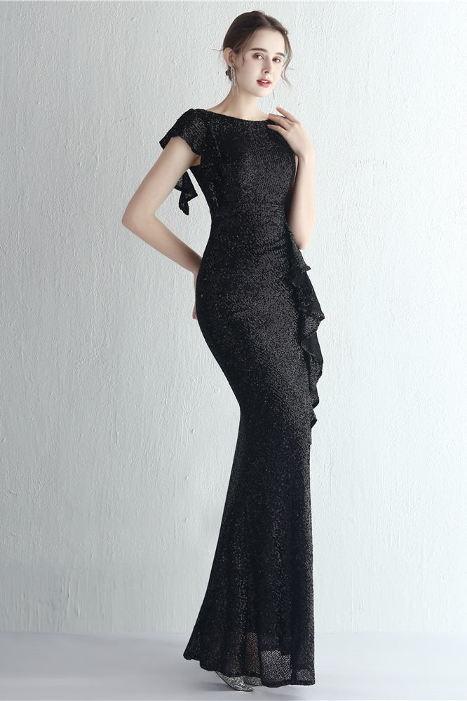 Sequin High Neck Cap Sleeve Ruffle High Split Mermaid Gown
