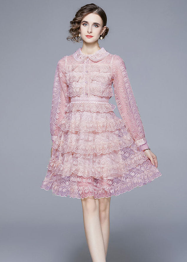 Lace Peter Pan Collar Button Front Tiered Ruffle Mini Dress