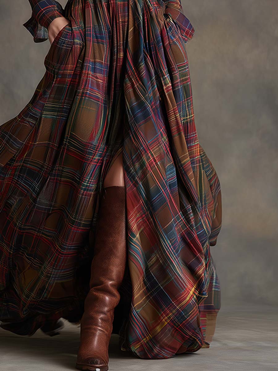 Plaid Long Sleeve Belted Button Front Maxi Shirt Dress