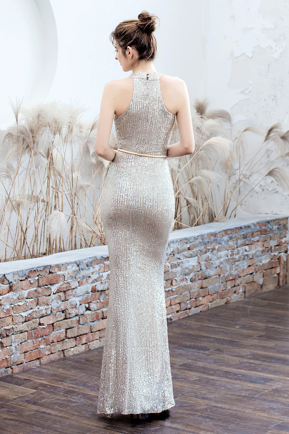 Sequin Halter Neck Keyhole Mermaid Gown