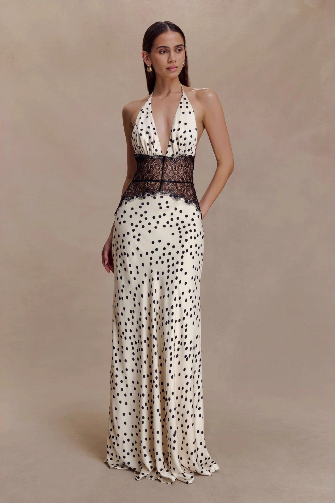 Polka Dot Lace Backless Waist Tie Maxi Lace Dress