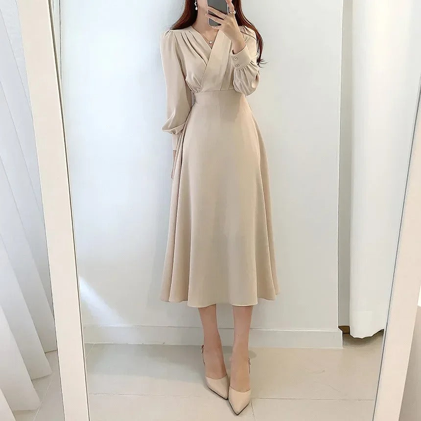 Surplice V-Neck Long Sleeve Button Cuff Waistband A-Line Midi Dress
