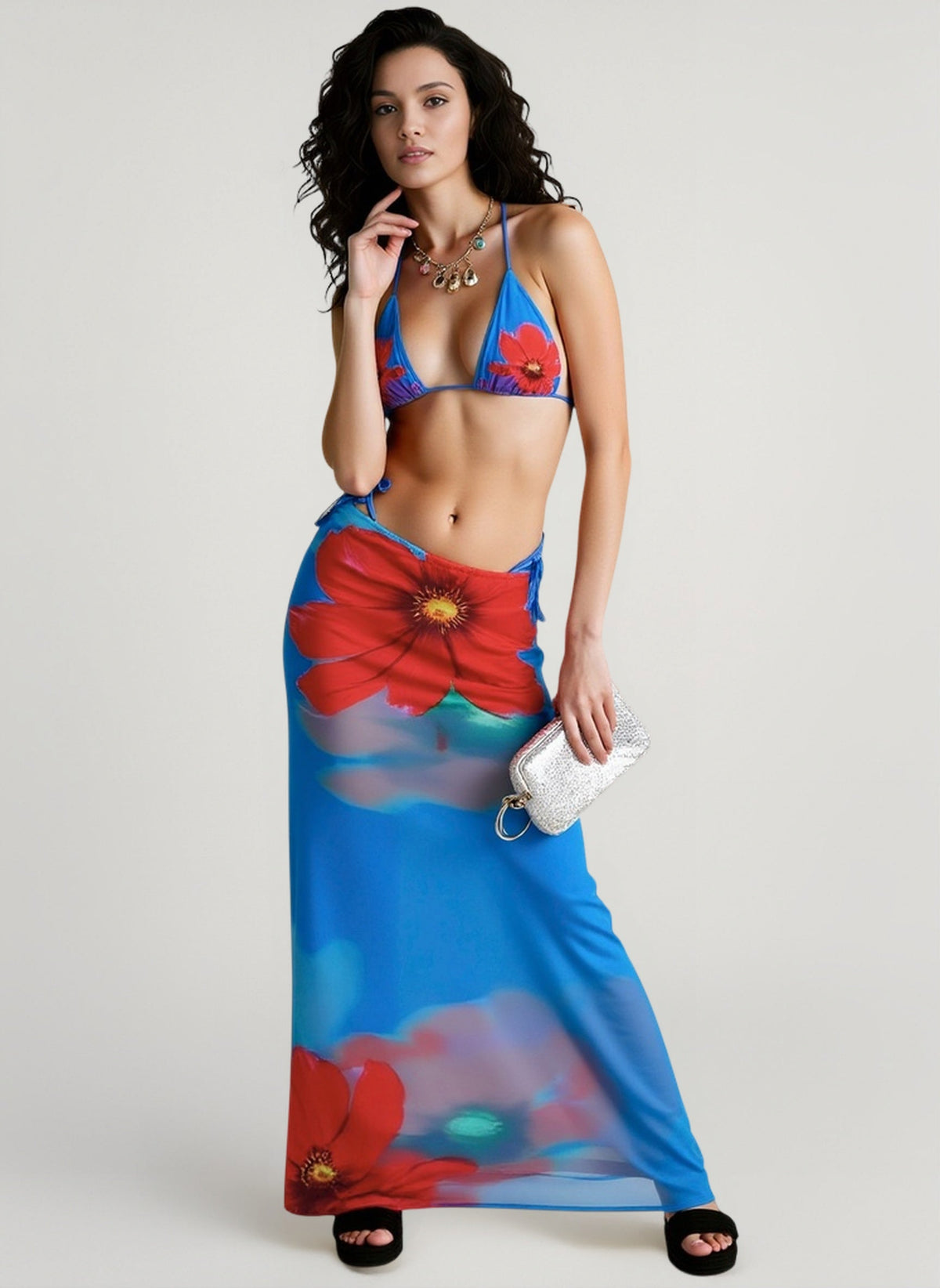 Floral Print Low Rise Side Tie Cut Out Bodycon Maxi Skirt 2