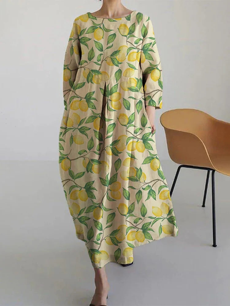 Lemon Print Round Neck Long Sleeve Oversized Maxi Dress