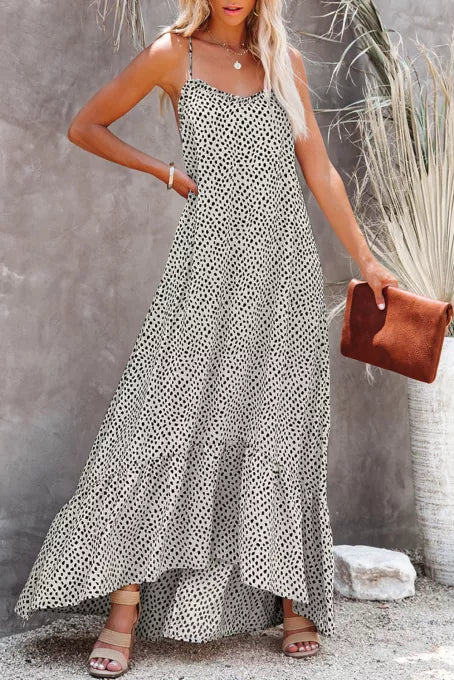 Polka Dot Printed High Low Ruffle Maxi Dress