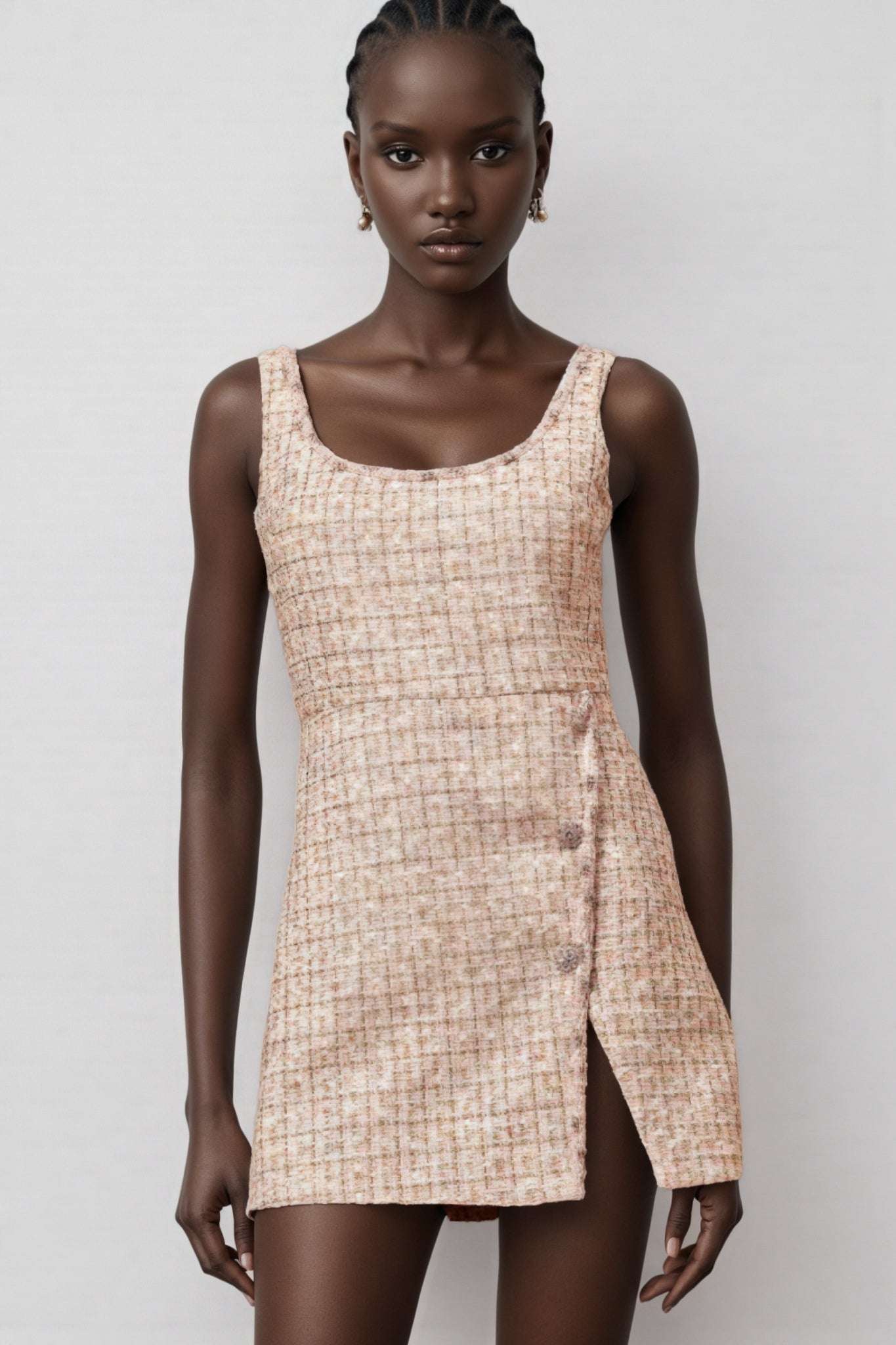 Tweed Grid Check Scoop Neck Sleeveless Wrap Front Mini Dress