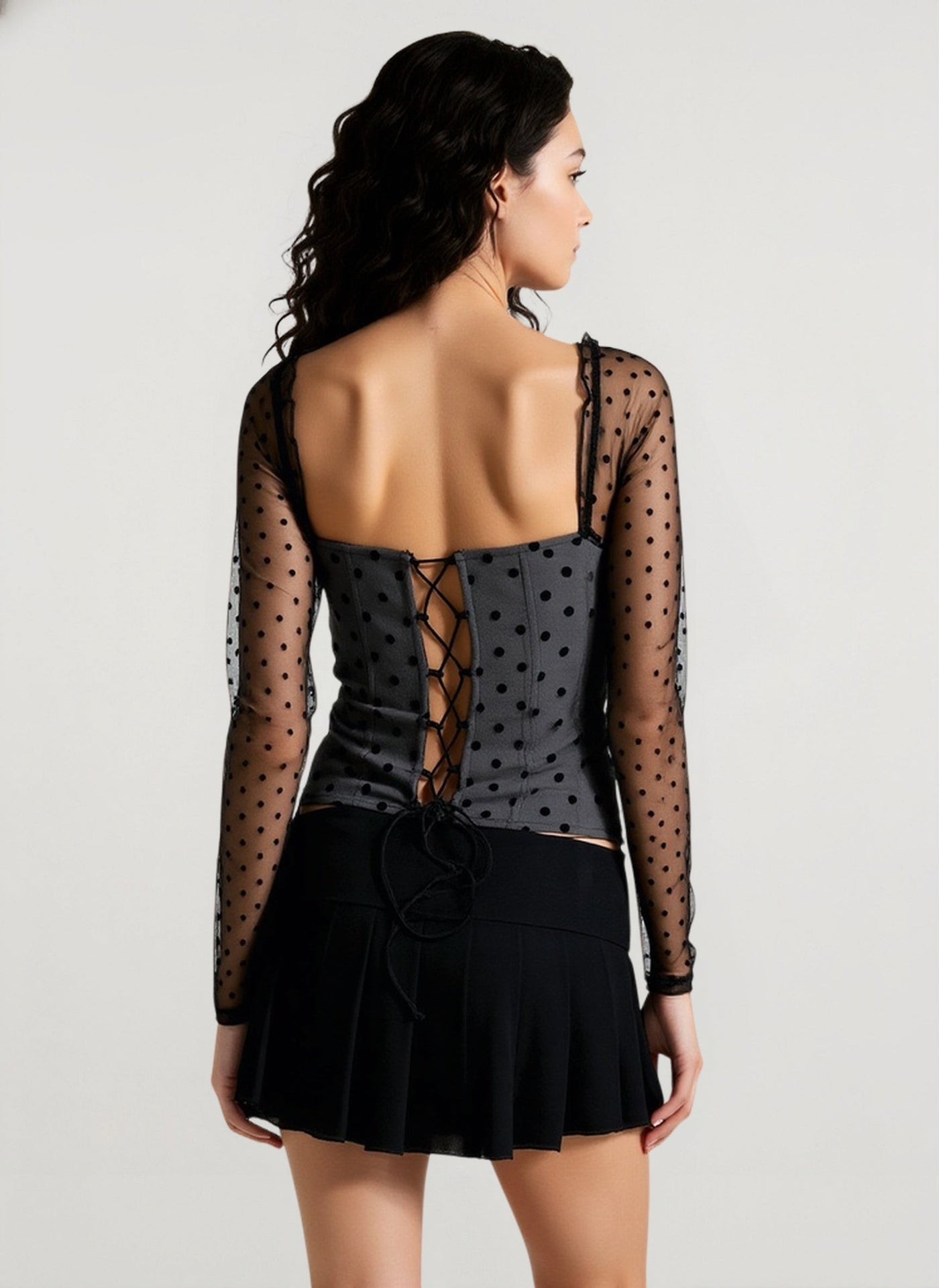 Polka Dot Bow Boned Mesh Panel Crop Top