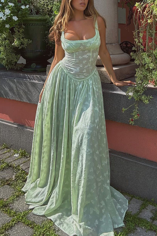 Jacquard Square Neck Sleeveless Corset Bodice High Split Maxi Dress 2