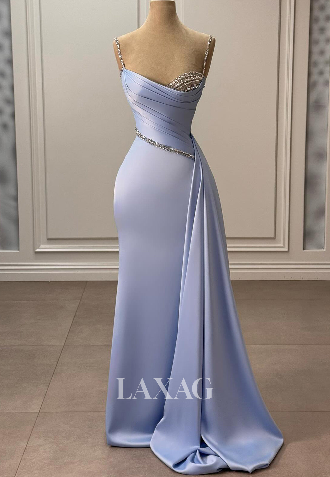 Asymmetrical-Sweetheart Spaghetti Straps Mermaid Prom Dress Sleeveless Beaded Pleated Formal Gowns
