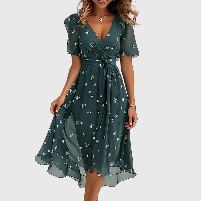 Floral Print V-Neck Flutter Sleeve Handkerchief Hem Midi Dress