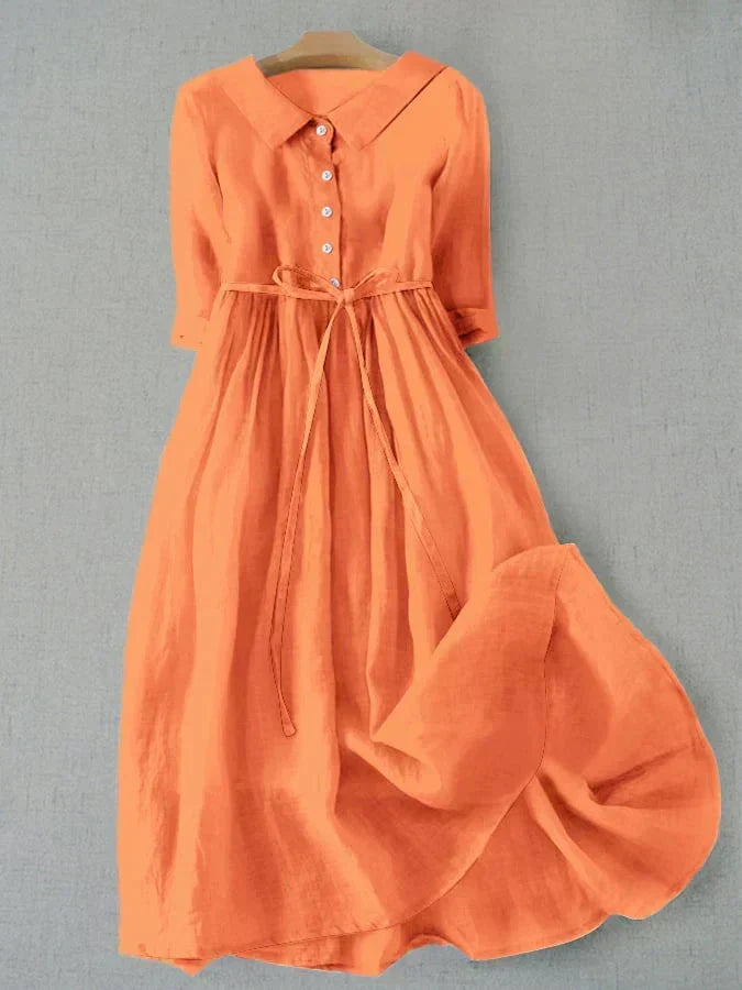 Collared Button Front Three Quarter Sleeve Tie A-Line Maxi Dress - View 3