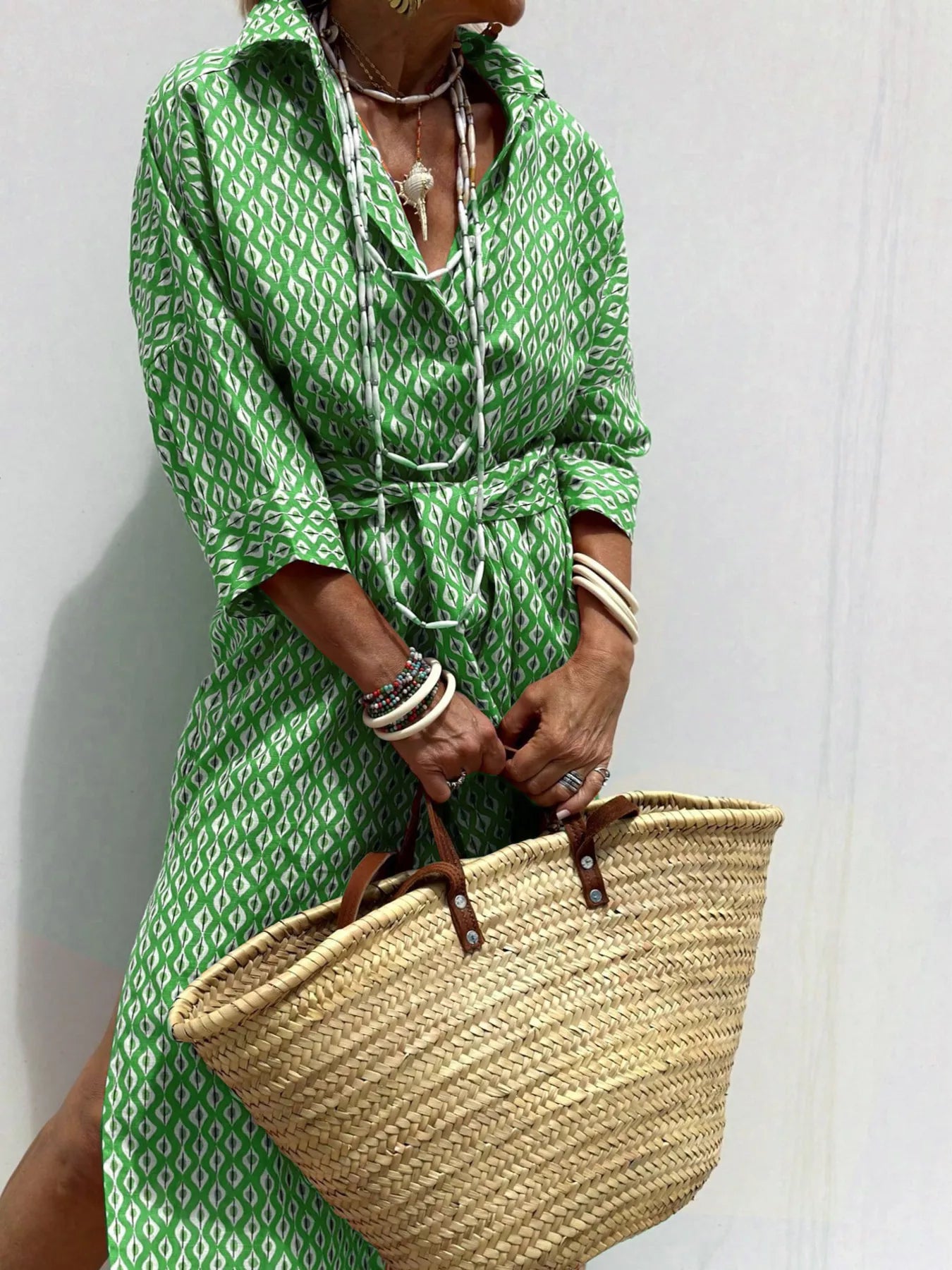 Full Size Printed Button-Down Midi Dress Plus Size Green