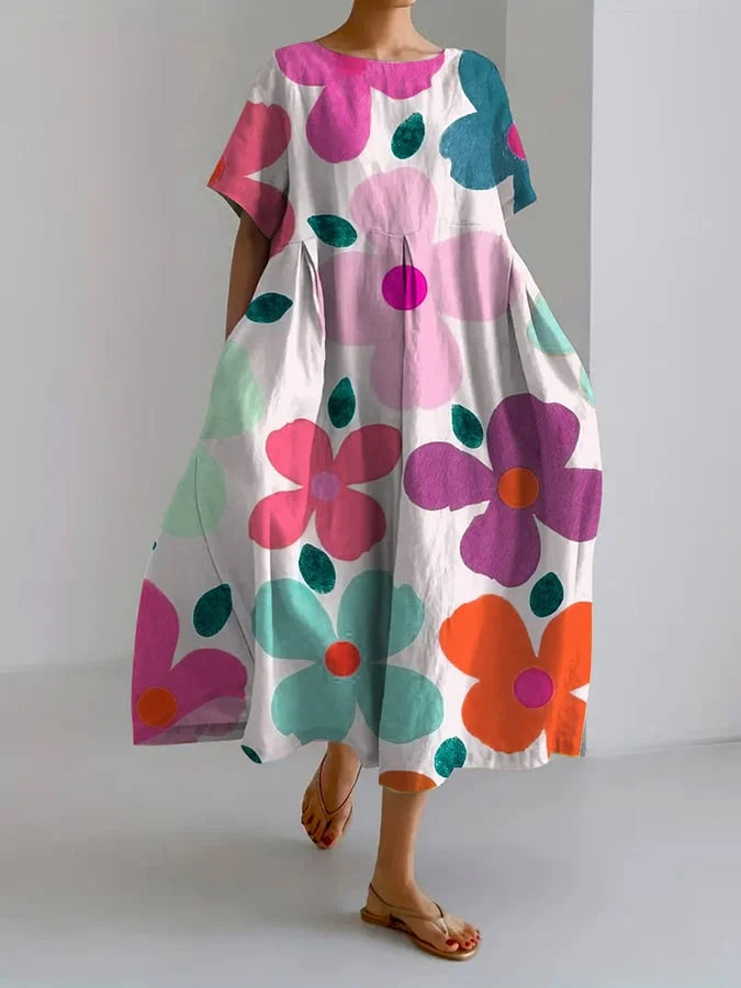 Floral Print Round Neck Short Sleeve Pocket Midi Dress