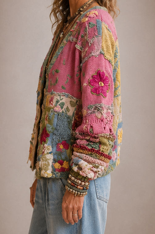 Floral Patchwork Boho Knit Cardigan