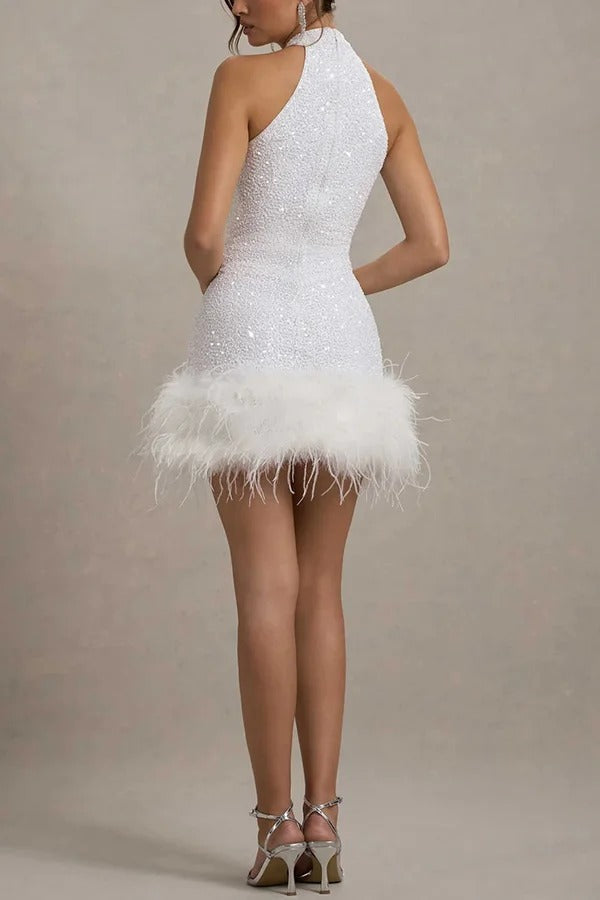 Sequin High Neck Sleeveless Feather Hem Bodycon Mini Dress