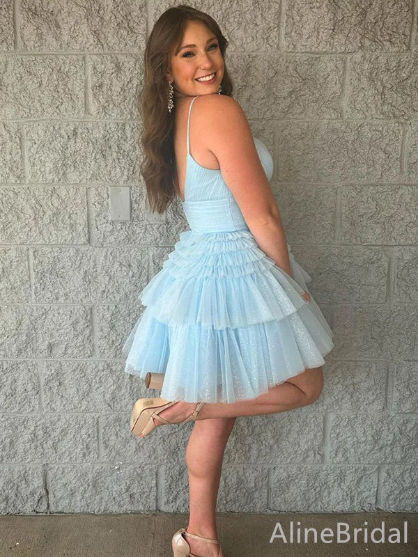 Pleated V-Neck Spaghetti Strap Tiered Tulle A-Line Mini Homecoming Dress 2