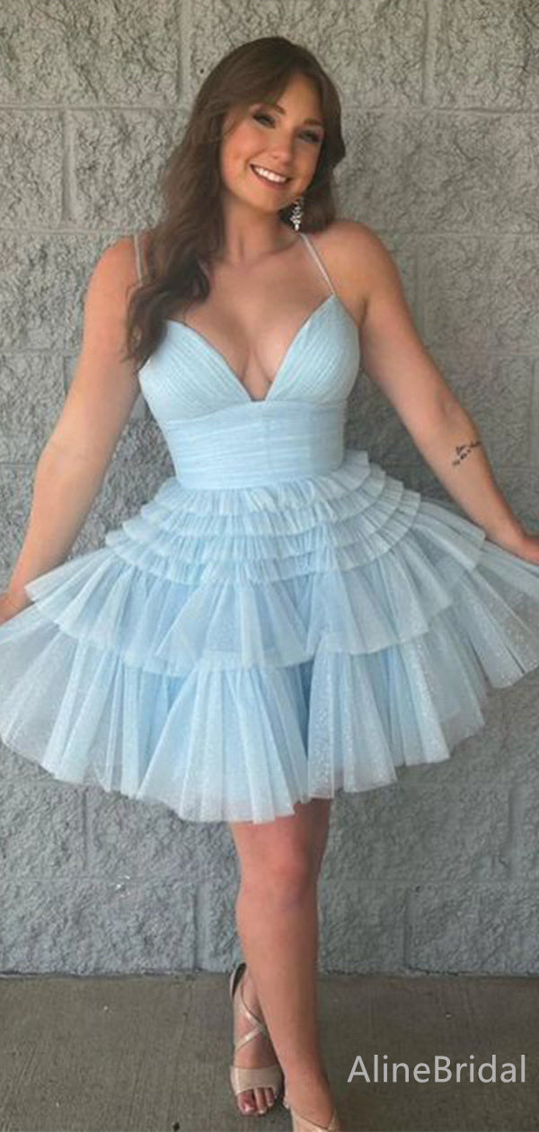 Pleated V-Neck Spaghetti Strap Tiered Tulle A-Line Mini Homecoming Dress 3