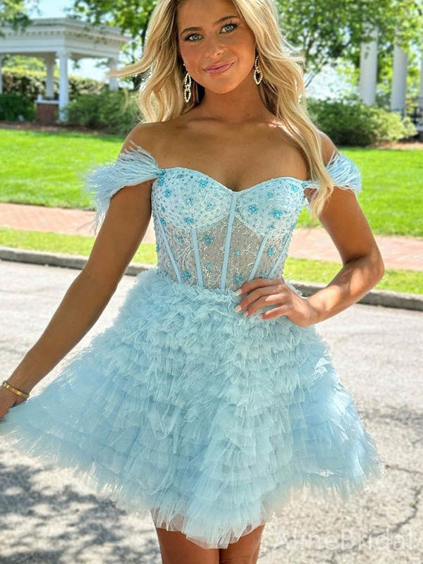 Off Shoulder Feather Strap Beaded Corset Bodice Tiered Tulle Homecoming Dress