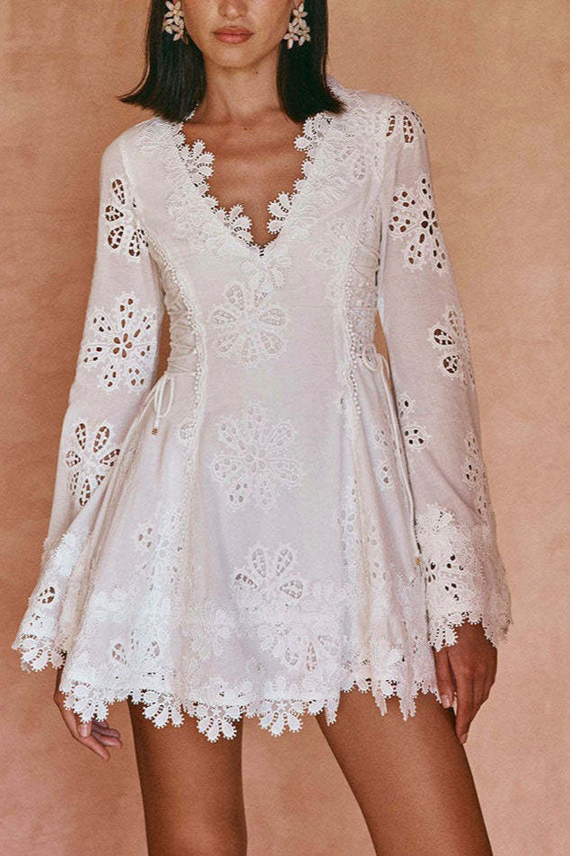 Eyelet Lace V-Neck Flared Long Sleeve Scalloped Hem Mini Dress